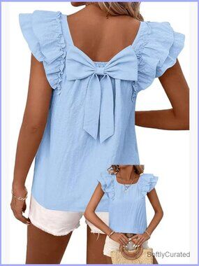 Ruffle Sleeve Bow Back Blouse Lightweight Chiffon Tunic Top